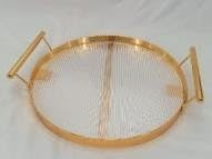 Metal Serving Tray with Handle, Round, Gold/Acrylic, for Cake/Wine