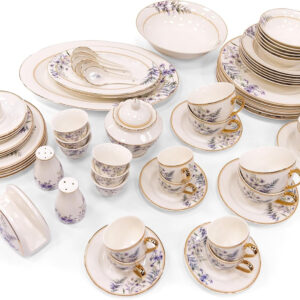 B&S Porcelain Round Dinnerware Set | 71PCS Premium Ceramic Tableware | Dish Set with Floral Design | Vintage Porcelain Tea & Coffee Set | Microwave & Dishwasher Safe Plates and Bowls (Purple)