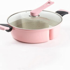 B&S Cast Aluminum Double Cookware Hotpot 30cm - Non-Stick, Durable, Pink with Glass Lid – Ideal for Hotpot, Stews, and Stir Fry