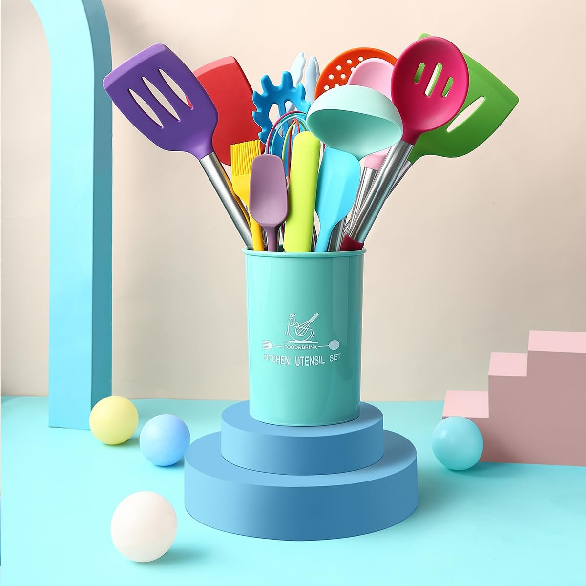 13-Piece Silicone Cooking Utensils Set Heat-Resistant,Non-Stick Kitchen Tools with Ergonomic Wooden Handles,Includes Spatulas,Turner,Ladle,Tongs, Whisk & More BPA-Free & Dishwasher Safe (Multi Color)