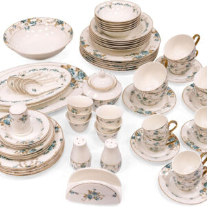 B&S Porcelain Round Dinnerware Set | 71PCS Premium Ceramic Tableware | Dish Set with Floral Design | Vintage Porcelain Tea & Coffee Set | Microwave & Dishwasher Safe Plates and Bowls (Gold & Blue)