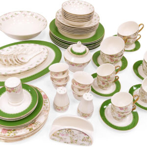 B&S Porcelain Round Dinnerware Set | 71PCS Premium Ceramic Tableware | Dish Set with Floral Design | Vintage Porcelain Tea & Coffee Set | Microwave & Dishwasher Safe Plates and Bowls (Green & Pink)