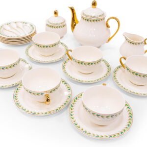 B&S 31-Piece Porcelain Tea Set | French Floral Vintage Tea Cup Saucer Set | Ceramic Tea Party Set with Tea Pot | Flower Painting Party Dinner Set | Home Décor Cup and Saucer (Green)