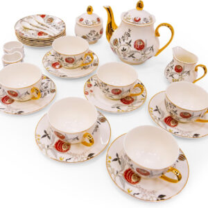 B&S 31-Piece Porcelain Tea Set | French Floral Vintage Tea Cup Saucer Set | Ceramic Tea Party Set with Tea Pot | Flower Painting Party Dinner | Home Décor Cup and Saucer (Orange)