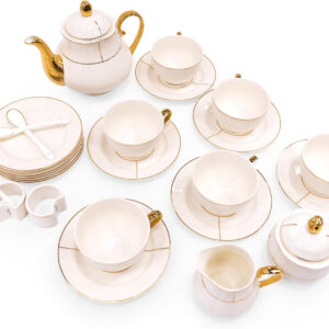 B&S 31-Piece Porcelain Tea Set | French Floral Vintage Tea Cup Saucer Set | Ceramic Tea Party Set with Tea Pot | Flower Painting Party Dinner Set | Home Décor Cup and Saucer Set (White)
