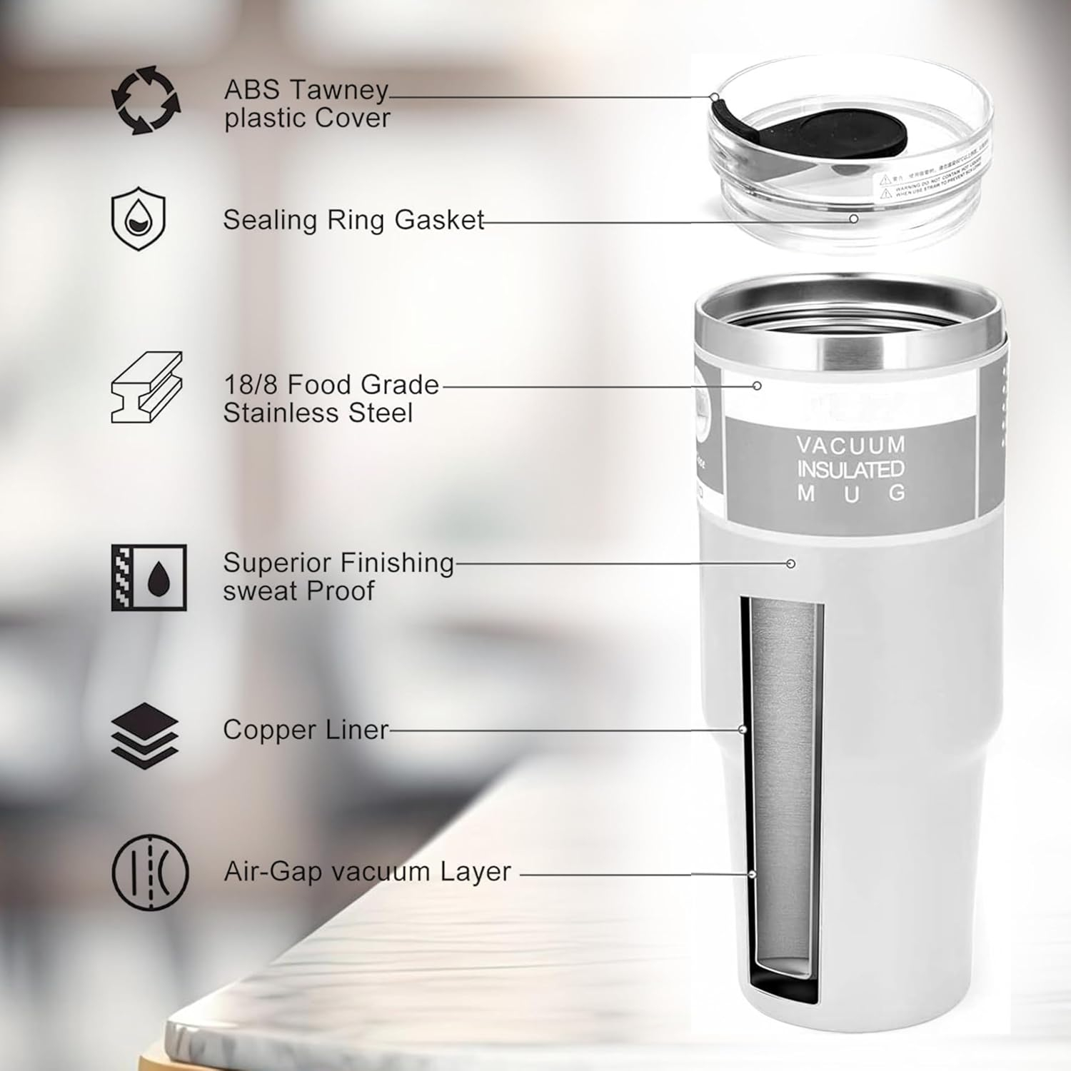 B&S Vacuum Insulated Bottle | Leak-Proof 3-Way Lid | BPA-Free Tumbler Flask Bottle | 304 Stainless Steel Insulated Double Wall | 12 Hours Hot and Cold Water Bottle | Vacuum Flask 900ML (White) - Image 4