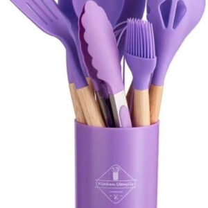 13-Piece Silicone Cooking Utensils Set Heat-Resistant,Non-Stick Kitchen Tools with Ergonomic Wooden Handles,Includes Spatulas,Turner,Ladle,Tongs,Whisk & More BPA-Free & Dishwasher Safe (Purple)