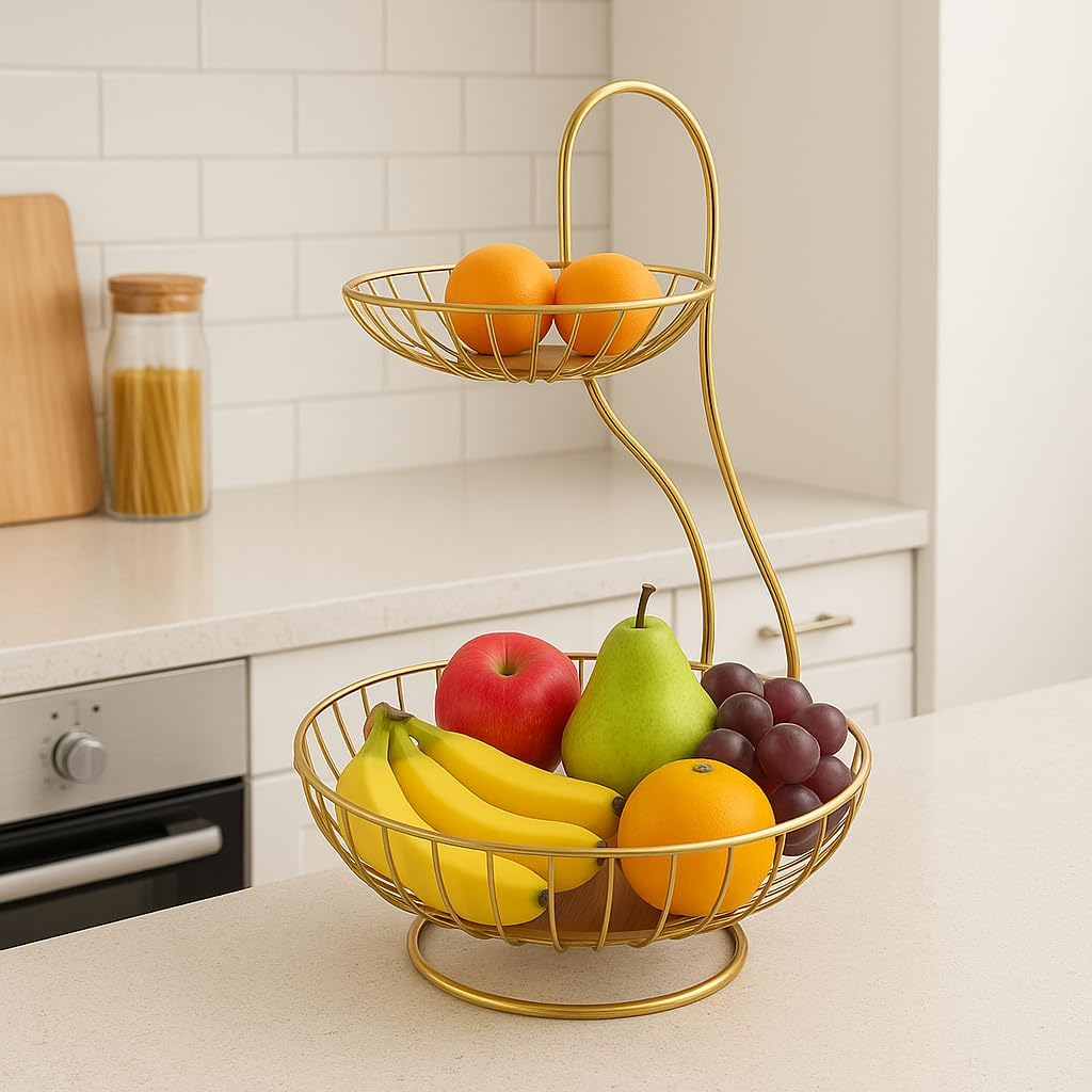 B&S 2 Tier Fruit Basket for Kitchen Counter – Detachable Metal Fruit Bowl Stand for Vegetables, Snacks & Bread – Rustic Storage Organizer for Home, Dining Table & Pantry Décor
