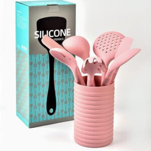 7PCS Cooking Utensils Set with Holder, Silicone Kitchen Cookware Utensils Set, Heat Resistant Cooking Gadget Tools Kitchen Utensil Set Silicone Cooking Tools Kit Non-Stick Cookware (Pink)