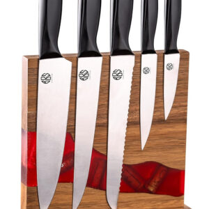 B&S Premium Kitchen Knife Set with Wooden Magnetic Stand, 5-Piece, Stainless Steel Blades, Black Handles pass the European LFGB standard,ZT0008