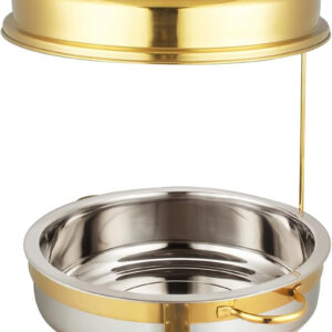 868GHF Chafing Dish, 18/0 Stainless Steel Frame & Fuel Holder, 8L Full Round Food Pan, Golden Frame, Cover, Handles, Hook, 52cm x 43.5cm x 76cm