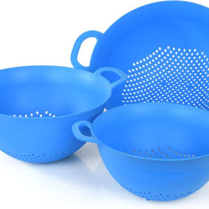 Mintra Home Plastic Strainer Colanders Set: 3, 3.5 and 5 Quart (Blue) Double Strong Handles and Deep Bowl, Safe BPA-Free - Use for Pasta, Noodles, Spaghetti, Vegetables (Assorted Sizes 3pk)