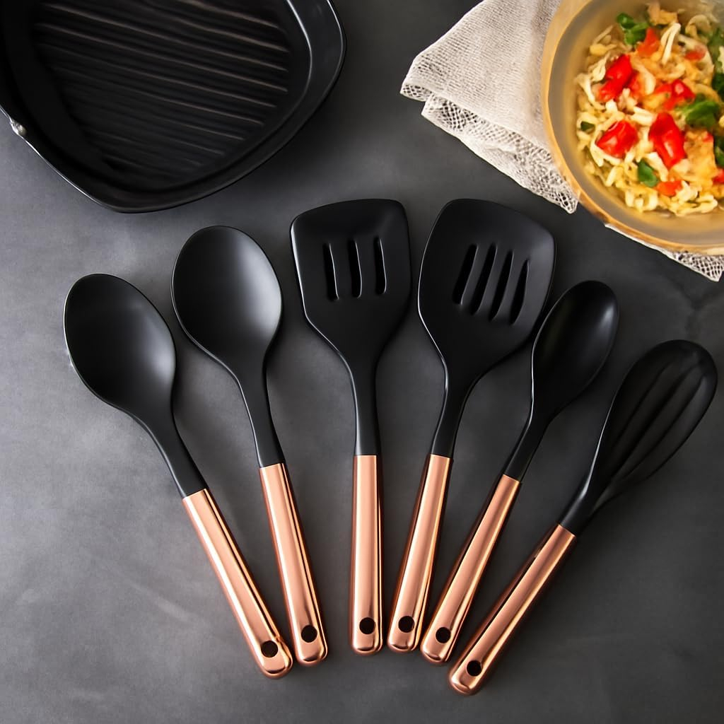 7-Piece Nylon Cooking Utensil Set with Durable Stainless Steel Handles – Heat-Resistant, Non-Scratch Kitchen Tools for Nonstick Cookware – Spatula, Ladle, Turner, Spoon & More (Black And Beech Wood)