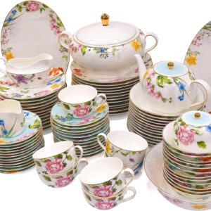 B&S Porcelain Round Dinnerware Set | 97PCS Premium Ceramic Tableware | Dish Set with Floral Design | Vintage Porcelain Tea & Coffee Set | Microwave & Dishwasher Safe Plates and Bowls (Felicity)