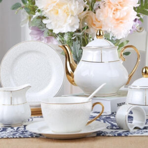 White Plain Tea Set (31 Piece) 6" Cake Plate x6 200cc Tea cup saucer x6+6 small spoon tea pot 1+1 sugar Pot with lid 1+1 milk pot x1 napkin holder x2