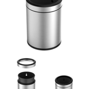 EK9038T- 6L Swing top wastebasket - Fingeprint-resistant Brushed Stainless Steel - Skid resistant Base - Black PP Liner with Bag Fixer