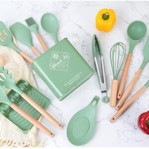 B&S 13-Piece Silicone Kitchen Utensil Set – Heat Resistant Cooking Tools with Wooden Handles, Non-Stick Safe, Non-Toxic Utensils with Storage Holder & Lid Rest