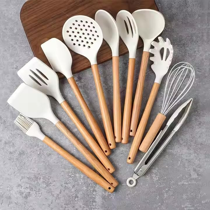 B&S 12-Piece Silicone Cooking Utensils Set Heat-Resistant, Non-Stick Kitchen Tools with Ergonomic Wooden Handles, Includes Spatula, Turner, Ladle, Tongs, Whisk, and More BPA-Free & Dishwasher Safe