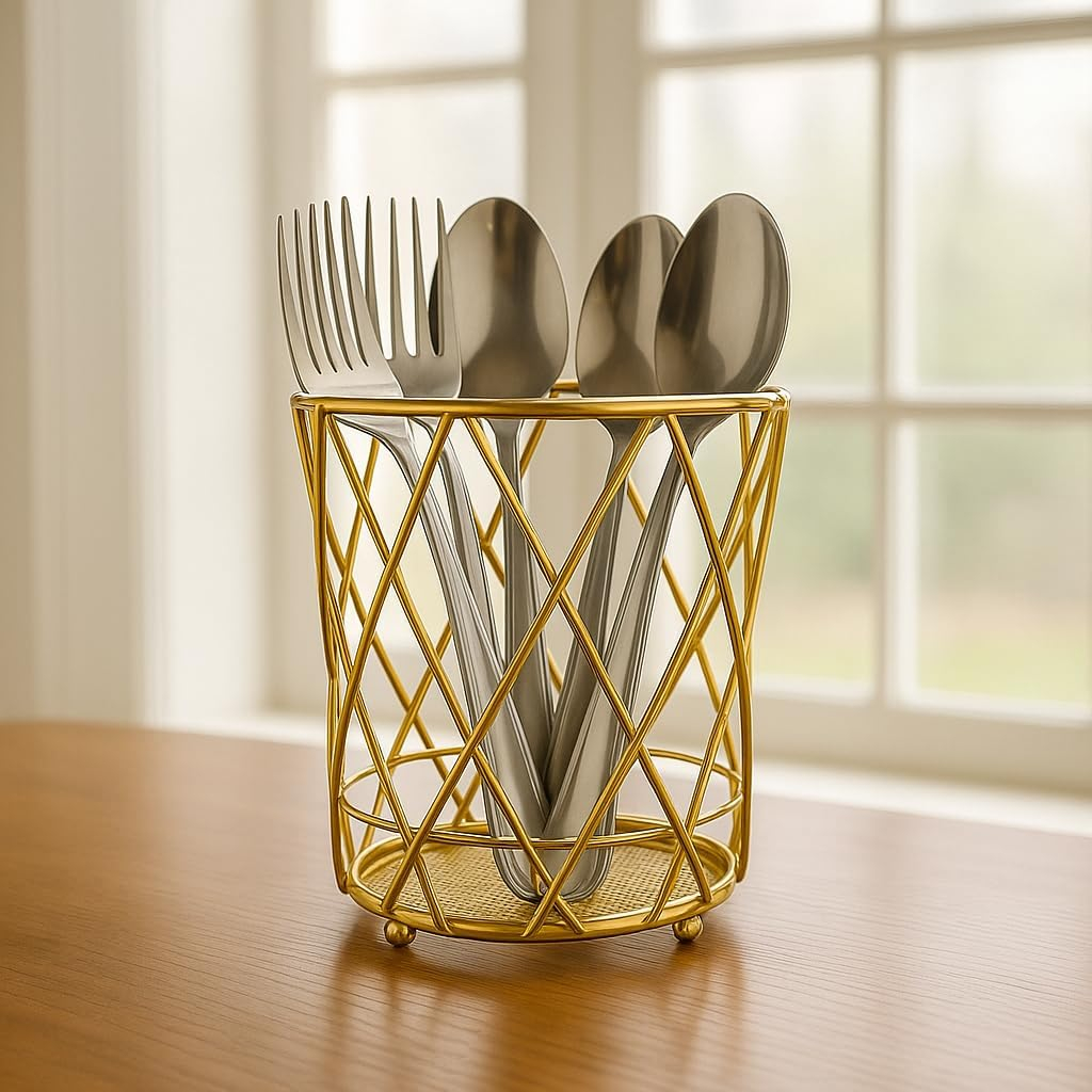 B&S Iron Spoon & Fork Holder – 10x10x16.5 cm Round Wire Metal Organizer Cup | Golden Cylindrical Utensil Holder for Kitchen, Makeup Brushes, Office Pens | Sturdy Tabletop Storage (11.5*11.5*14cm)
