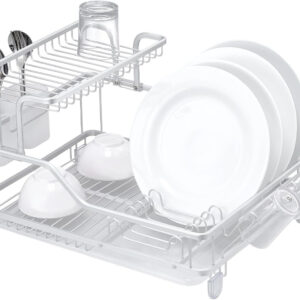 Aluminum Dish Rack, ALUMINIUM with Anodic Oxidation, PP, Plastic Color: Translucent White,Dish Rack with Utensil Holder, Plate Rack, and Drainboard