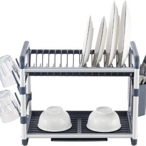 Dish Rack Silver Aluminum Aluminum+PP+ABS, Grey,Dish Rack with Utensil Holder and Drain Tray