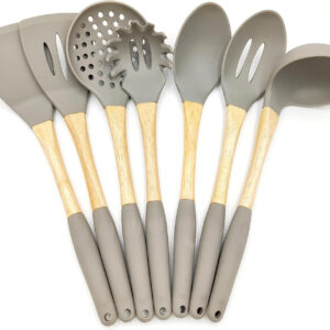 B&S 7-Piece Silicone Cooking Utensil Set – Heat-Resistant Kitchen Tools with Wooden Handles, Nonstick Safe, Includes Storage Bucket & Lid Rest