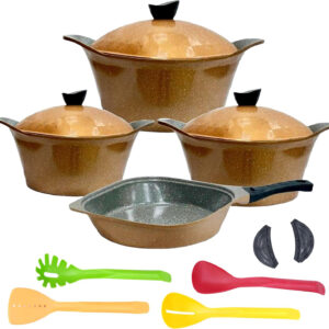 V-SQ-SET13 Square set (13) PCS Single Pot 18+20+24) with lid+(2) Silicone +(Fry Pan 26 CM)+(4) PCS Kitchen Tools