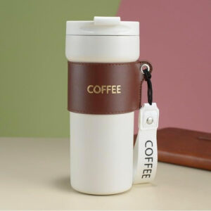 Portable Leather-Trimmed Coffee Mug with Lid, 500ml,Vacuum Insulated Tumbler, Black (white)