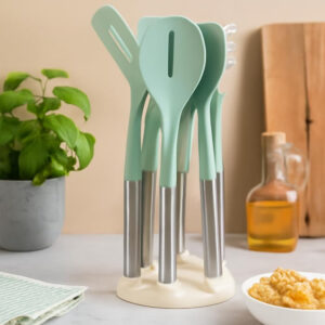 7-Piece Nylon Cooking Utensil Set with Durable Stainless Steel Handles – Heat-Resistant, Non-Scratch Kitchen Tools for Nonstick Cookware – Spatula, Ladle, Turner, Spoon & More (Green)