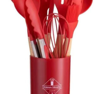 13-Piece Silicone Cooking Utensils Set Heat-Resistant,Non-Stick Kitchen Tools with Ergonomic Wooden Handles,Includes Spatulas,Turner,Ladle,Tongs,Whisk & More BPA-Free & Dishwasher Safe (Red)