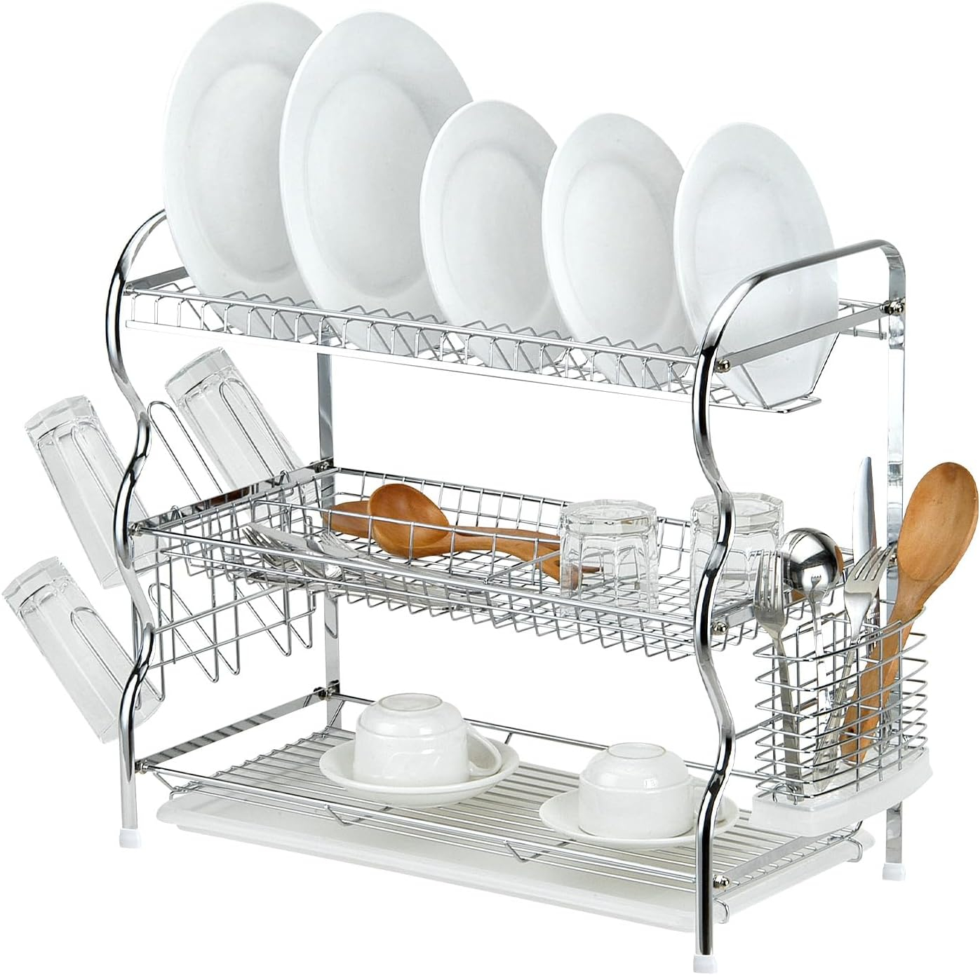 Stainless Steel Dish Drying Rack with Utensil Holder, Plate Rack, and Drain Tray, Dish Rack Iron With Chrome Plated + PP Plastic, Plastic Color: Translucent White,1126