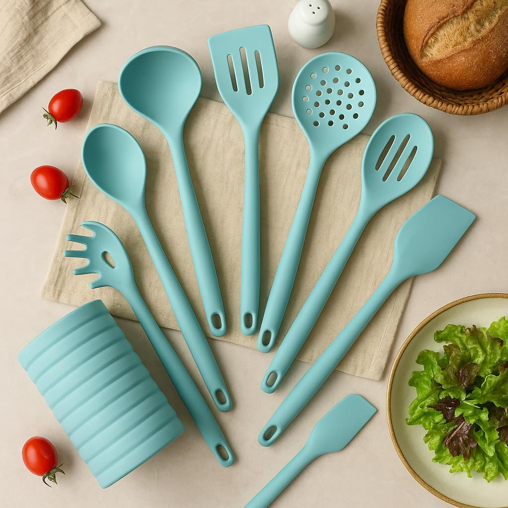 B&S 8-Piece Silicone Cooking Utensils Set Heat-Resistant, Non-Stick Kitchen Tools with Durable Plastic Handles, Includes Spatula, Turner, Ladle, Spoon, Whisk & More BPA-Free & Dishwasher Safe