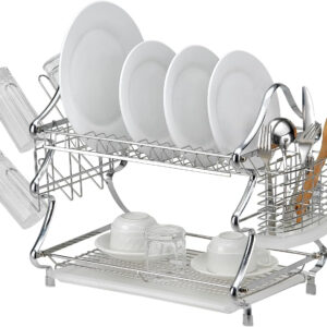 AE-1142 DISH RACK,2 Tier Dish Rack (9 Dishes), Iron With Chrome Plated+PP Plastic, Plastic Color: Transparent White,2-Tier Stainless Steel Dish Rack with Utensil Holder and Drip Tray