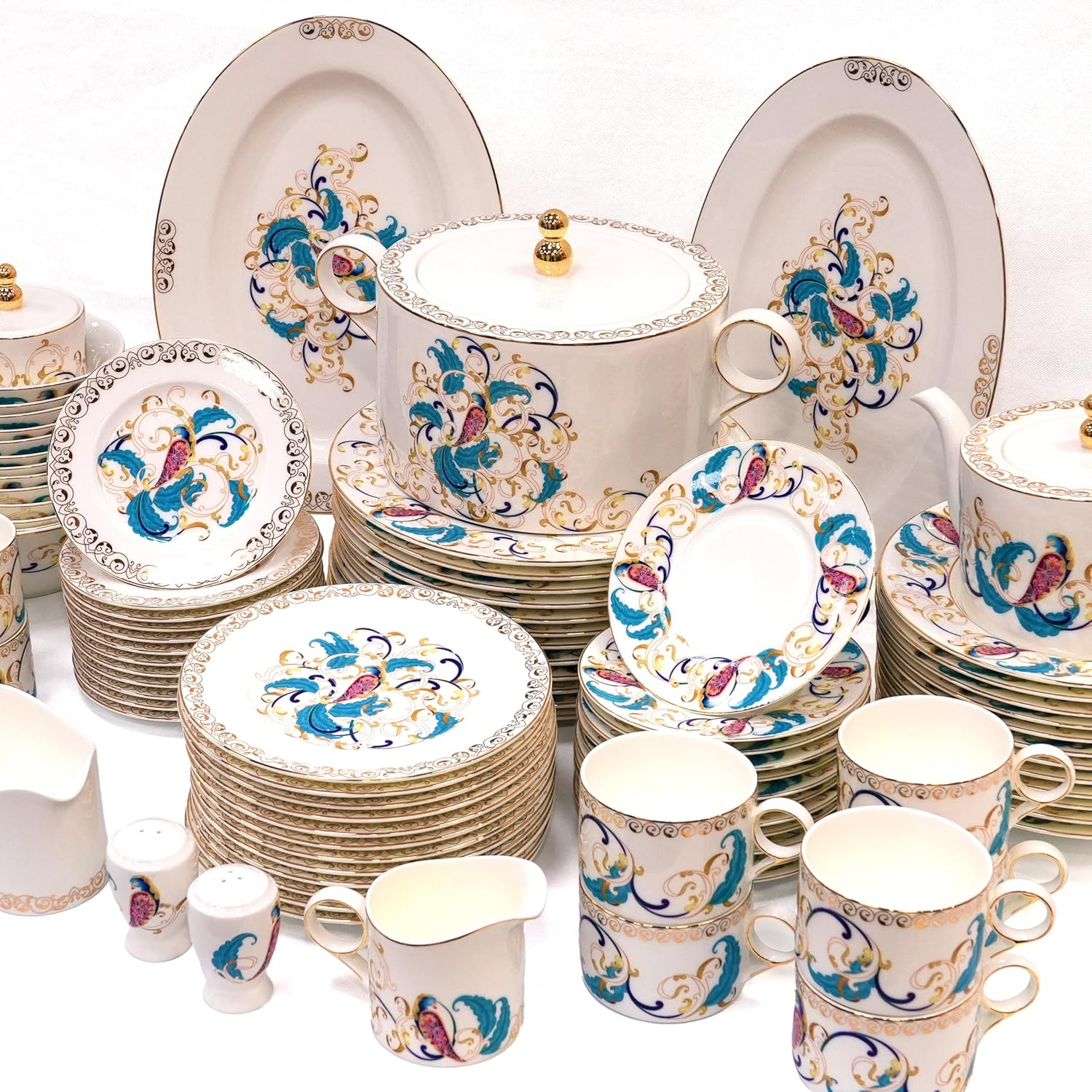 B&S Porcelain Round Dinnerware Set | 97PCS Premium Ceramic Tableware | Dish Set with Floral Design | Vintage Porcelain Tea & Coffee Set | Microwave & Dishwasher Safe Plates and Bowls (Serene)