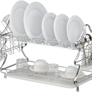 AE-1142A Dish Rack Iron With Chrome Plated + PP Plastic, Plastic Color: Translucent White2-Tier Chrome Dish Rack with Plate Holders, Utensil Caddy, and Drain Board