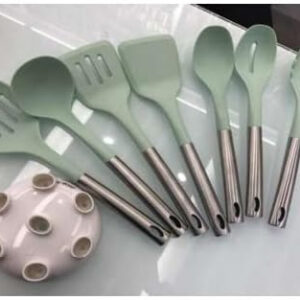 8-Piece Silicone Cooking Utensils Set Heat-Resistant, Non-Stick Kitchen Tools with Durable Stainless Steel Handles,Includes Spatula,Turner, Ladle,Tongs,Whisk,and More BPA-Free & Dishwasher Safe