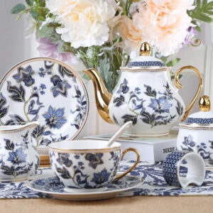 Blue Floral Tea Set (31 Pieces) 6" Cake Plate x6 200cc Tea cup saucer x6+6 small spoon tea pot 1+1 sugar Pot with lid 1+1 milk pot x1 napkin holder x2
