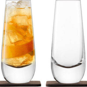 LSA International Whisky Islay Mixer Glass 11 fl oz Clr & Walnut Coaster x 2, Clear/Walnut