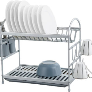 Large Double Dish Rack, Aluminum + PP Plastic, Plastic Color: Grey, With 3 Tiers and Utensil Holders