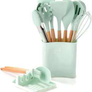 B&S 13-Piece Silicone Cooking Utensils Set Heat-Resistant,Non-Stick Kitchen Tools with Ergonomic Wooden Handles,Includes Spatulas,Turner,Ladle,Tongs,Whisk & More BPA-Free & Dishwasher Safe (Sky)
