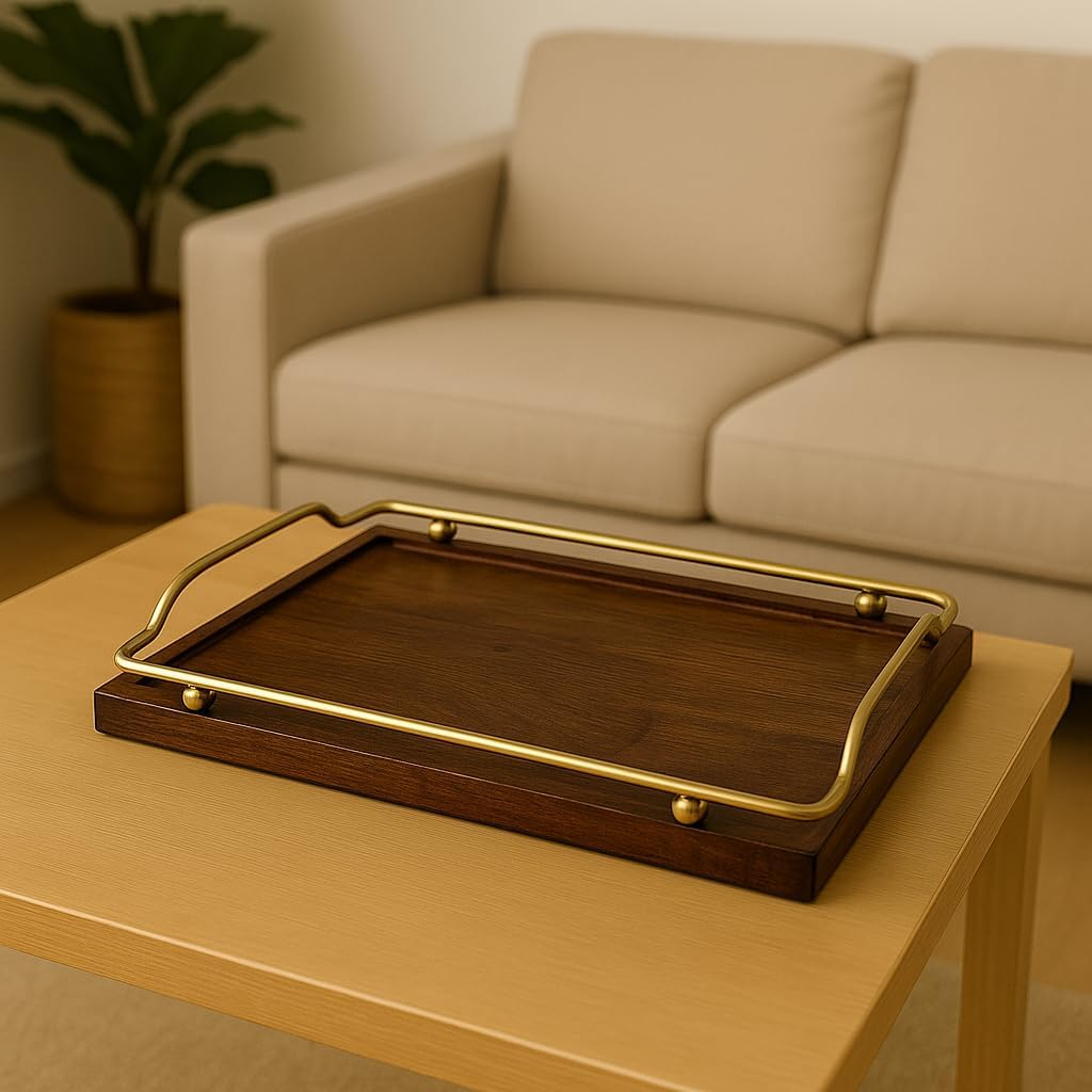 B&S Wooden Serving Tray – 34.5 x 22.5 x 6 cm | Nordic Style Sorghum Wood & Metal Tray for Tea, Snacks, Desserts, Fruits | Elegant Round Wooden Cup & Storage Tray for Kitchen or Tabletop Use