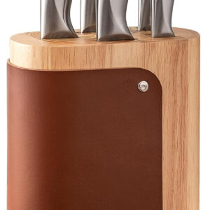 B&S Premium Kitchen Knife Block Set with Wooden Stand, Brown Leather Accent, Stainless Steel Blades pass the European LFGB standard,ZT0009