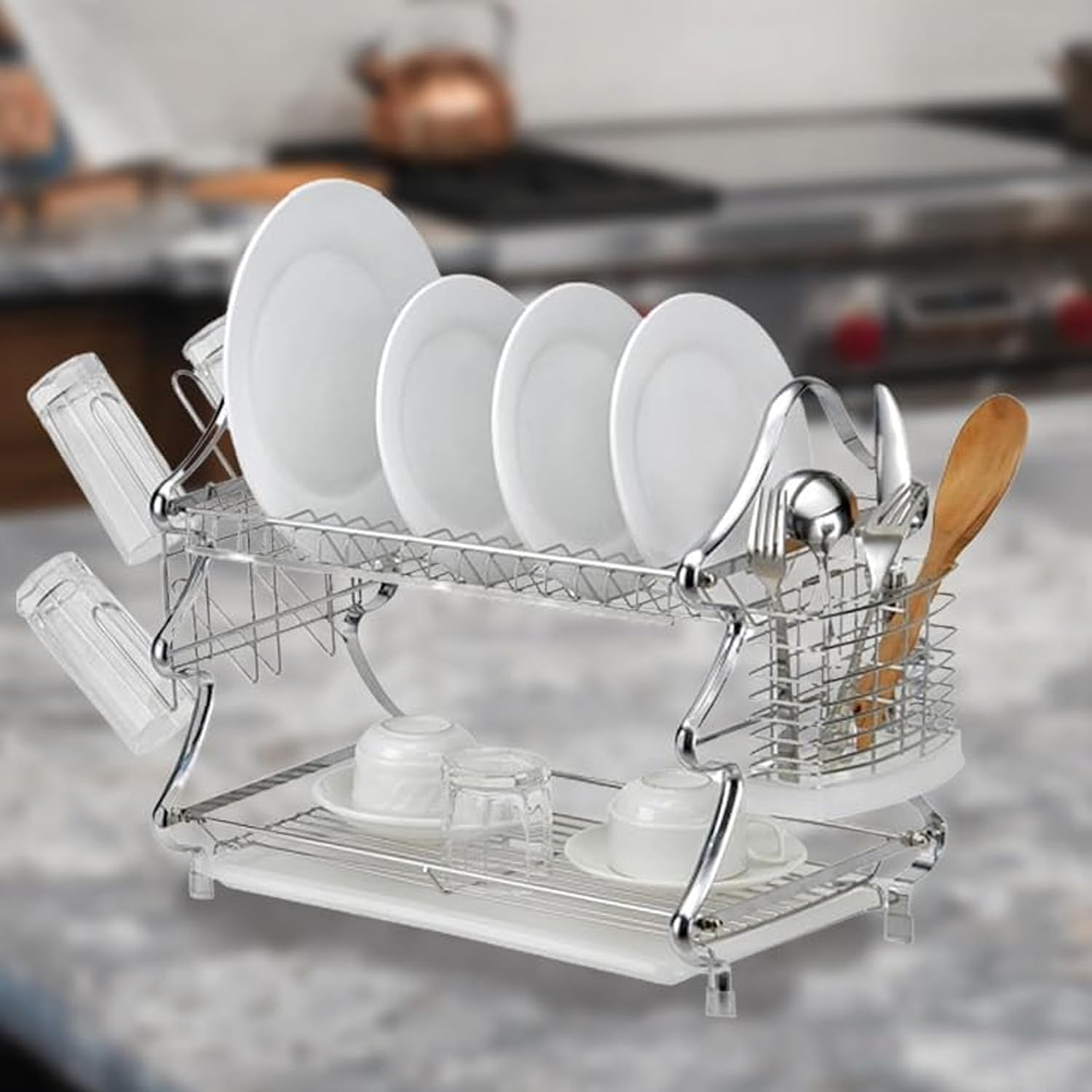 AE-1142 2 Tier Dish Drying Rack for Kitchen Counter – Chrome Plated Iron with Utensil Holder & Drainboard, Holds 9 Dishes – Compact Dish Drainer with Plastic Tray, Transparent White