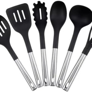 7-Piece Nylon Cooking Utensil Set with Durable Stainless Steel Handles – Heat-Resistant, Non-Scratch Kitchen Tools for Nonstick Cookware – Spatula, Ladle, Turner, Spoon & More (Black And Shine Wood)