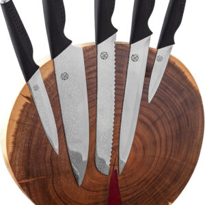 B&S Premium 5-Piece Kitchen Knife Set with Wooden Block Stand, Damascus Steel Blades, Black Ergonomic Handles,pass the European LFGB standard,ZT0015