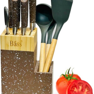 Knife Set 12-Pc with Silicone Cooking Utensils with Wooden Stand Bass