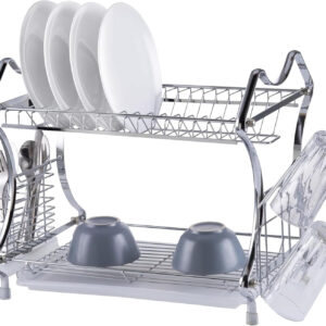 B&S Dish Drying Stand | Large Double Dish Rack with 2 Tiers and Utensil Holders | Chrome Plated + PP Plastic Kitchen Drying Rack with Detachable Drain Board | Grey Utensil Drying Stand