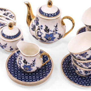 B&S 31-Piece Porcelain Tea Set | French Floral Vintage Tea Cup Saucer Set | Ceramic Tea Party Set with Tea Pot | Flower Painting Party Dinner Set | Home Décor Cup and Saucer Set (Blue)