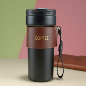 Portable Leather-Trimmed Coffee Mug with Lid, 500ml,Vacuum Insulated Tumbler, Black (black)