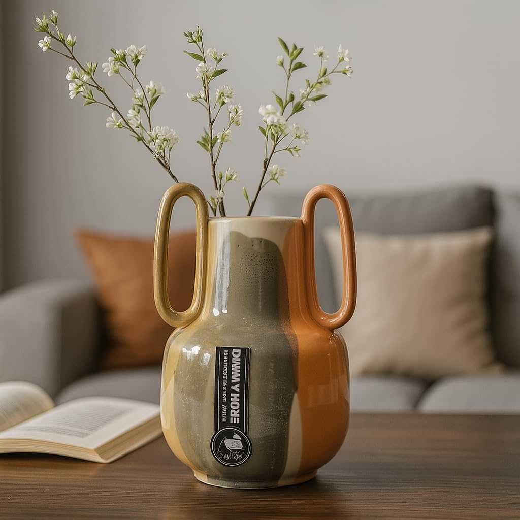 B&S Ceramic Flower Vase - Modern Design Decorative Vase for Home, Office, Living Room Decor | Elegant Two-Tone Drip Glaze for Fresh or Artificial Flowers. (Ceramic Flower Vase 15cm x 15cm x 21cm)